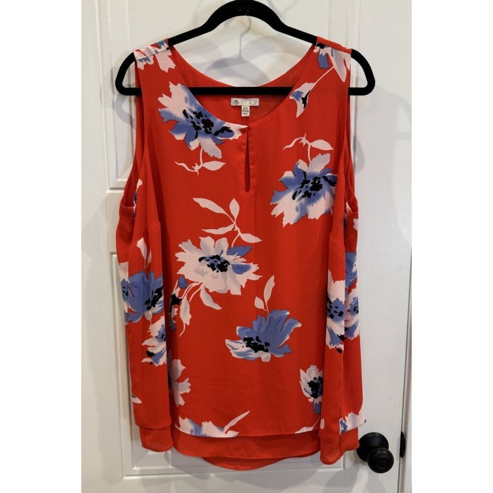 Lila Rose 2xl Sleeveless Floral Blouse Red-Orange Blue and Blush Flowers EUC